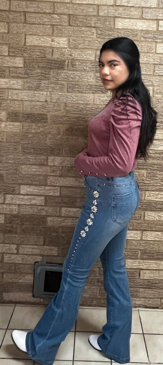 High-Rise Bootcut Jeans with Gems